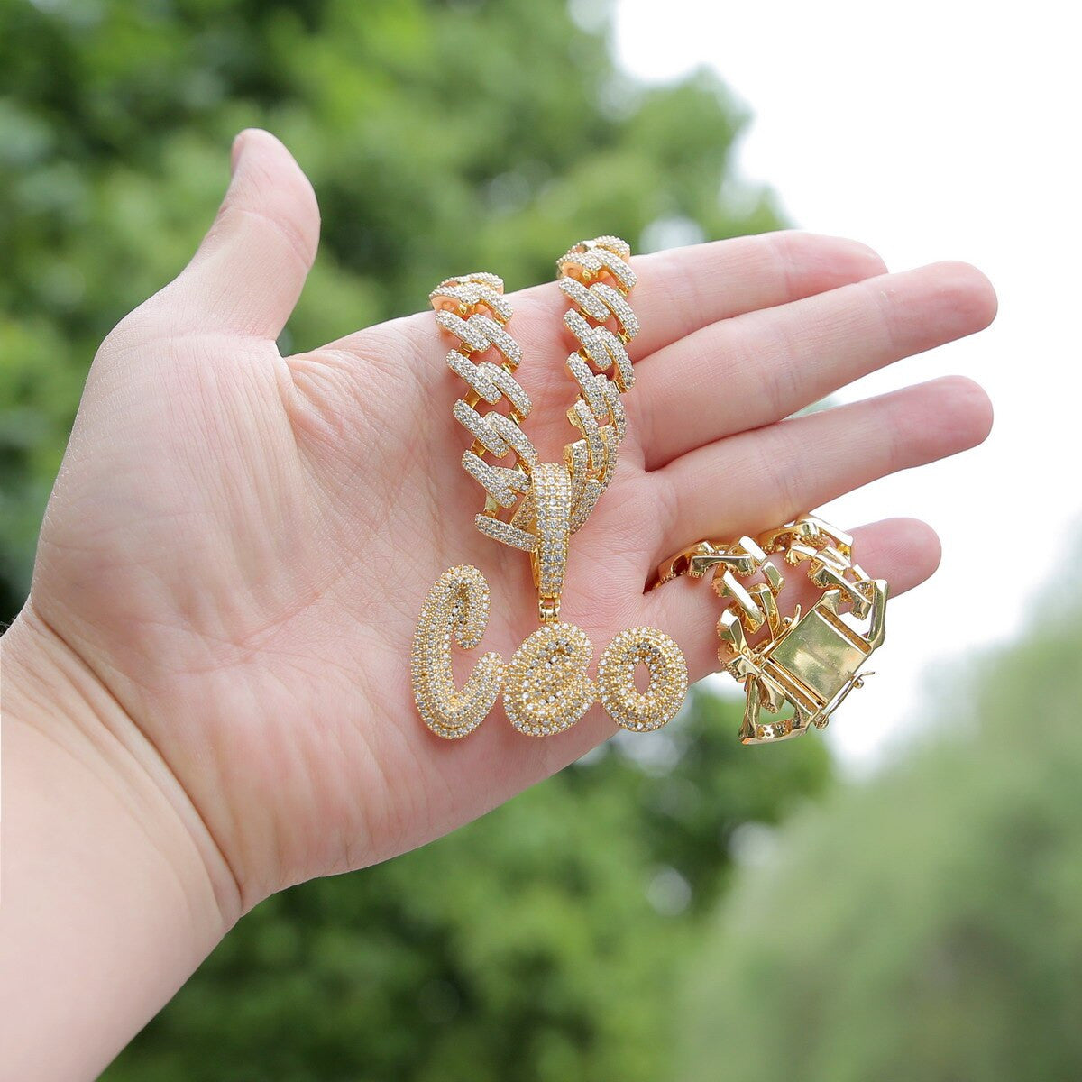 18k Gold Silver Soild Back Graffiti Letters Custom Name Initial Hip Hop Pendant Chain Necklace