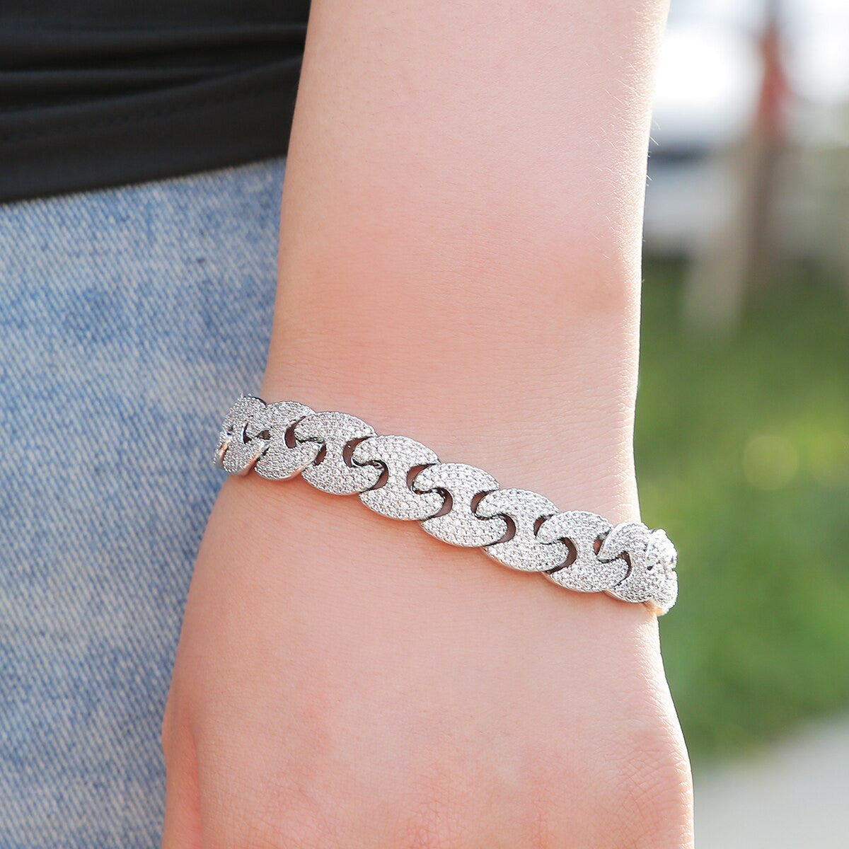 Mens Flooded Ice Street Wear Double GG Link Hip Hop Solid Back Bling Bracelet