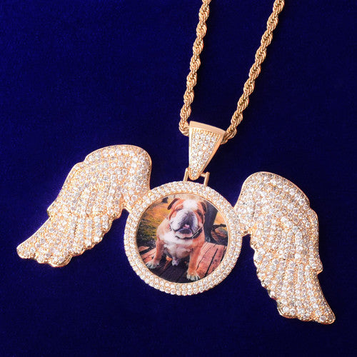 Golden Guardian | Flooded Ice Angel Wings Memory Picture Photo Pendant