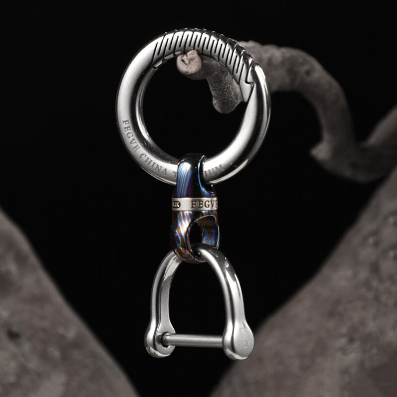 No Fade Titanium Damascus Steel Horseshoe Buckle Spin Rotation Key Ring Holder