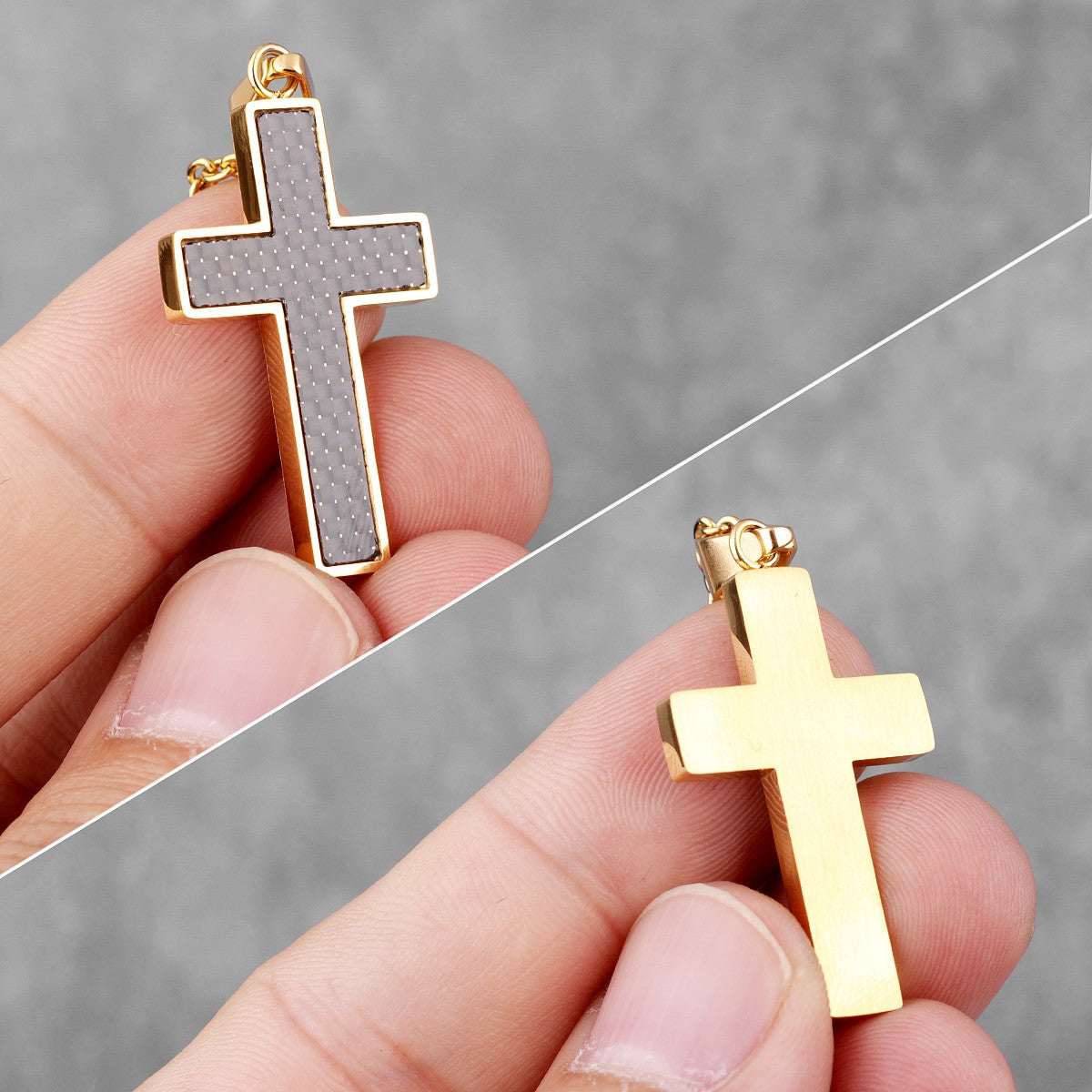 Mens No Fade Stainless Steel Carbon Fiber Black Gold 14k Cross Pendant Chain Necklace