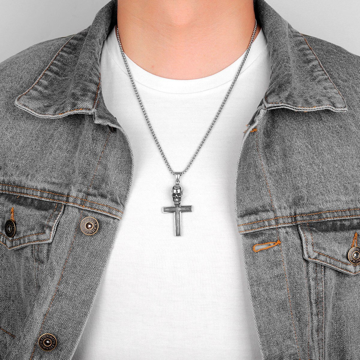 Skull Cross | Mens Silver No Fade Stainless Steel Street Wear Pendant Chain Necklace
