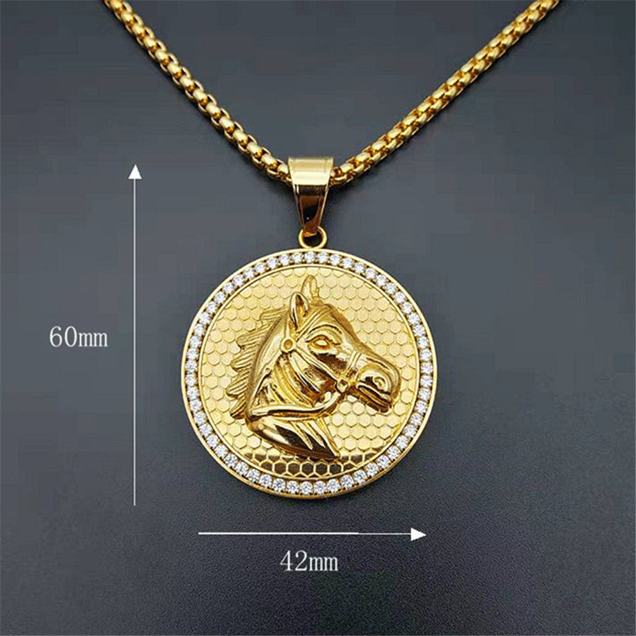 No Fade 14k Gold over Stainless Steel Horse Head Lover Bling Pendant Chain Necklace