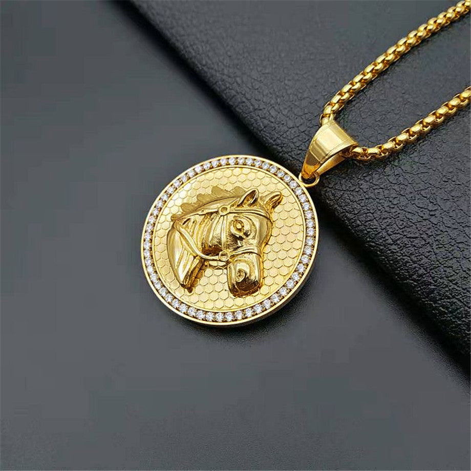 No Fade 14k Gold over Stainless Steel Horse Head Lover Bling Pendant Chain Necklace