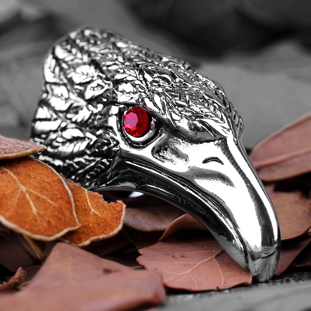 Mens No Fade Stainless Steel Hip Hop Rock Condor Bird Head Gemstone Eye Rings