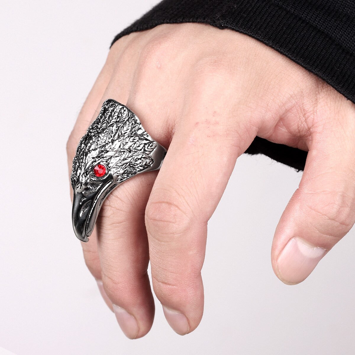 Mens No Fade Stainless Steel Hip Hop Rock Condor Bird Head Gemstone Eye Rings