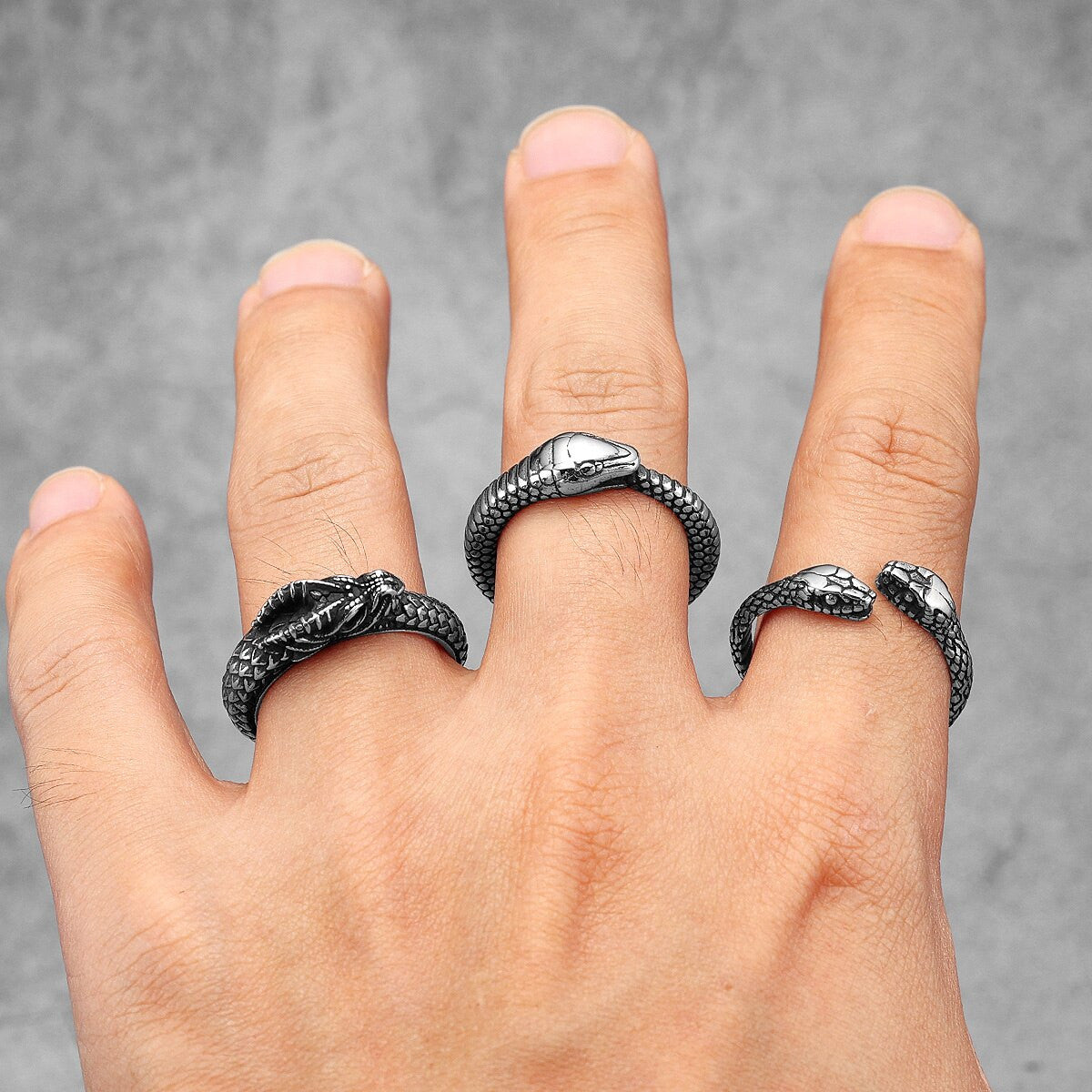 Mens Open Snake Stainless Steel No Fade Street Wear Unique Rings