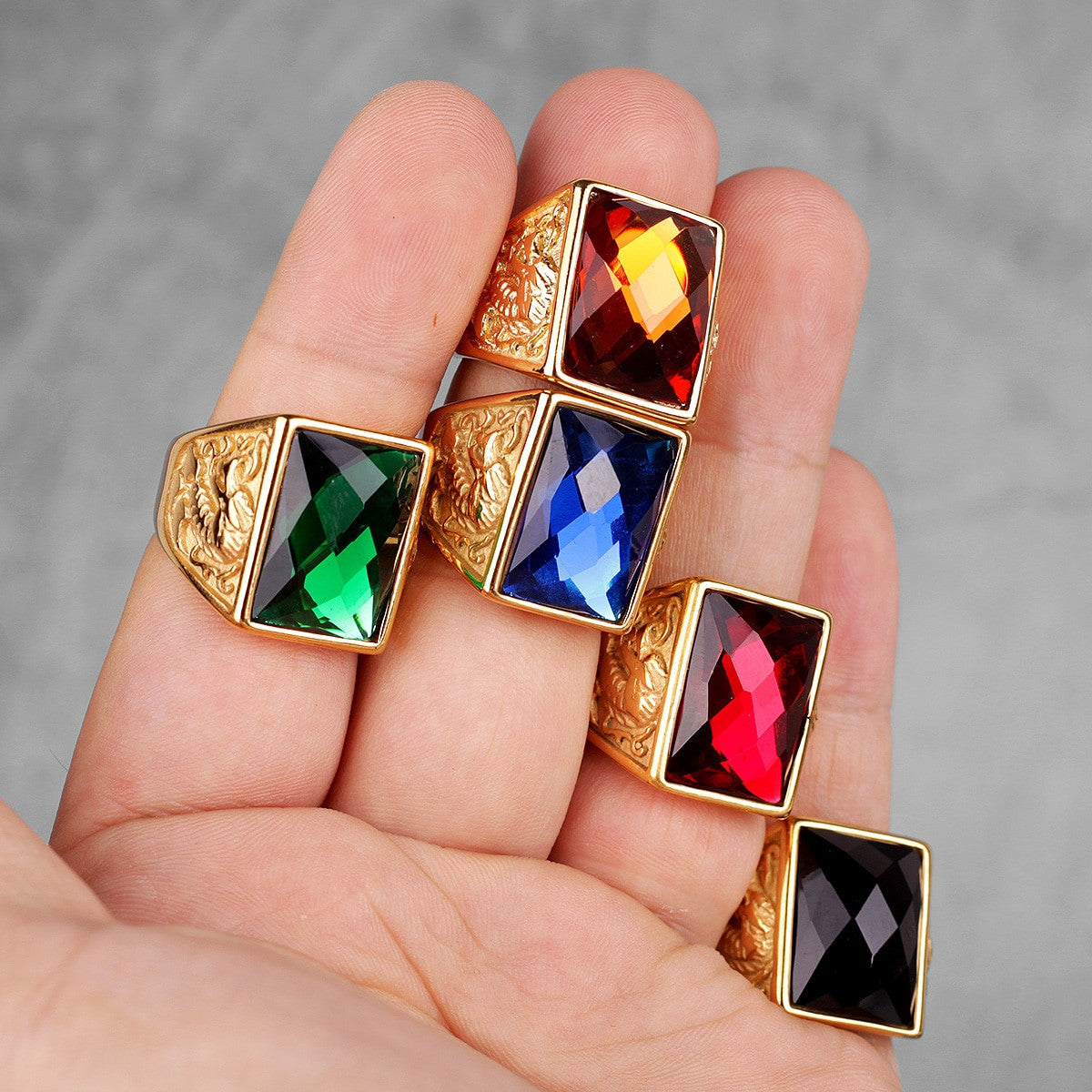 Mens Gemstone Phoenix Dragon No Fade 14k Gold Over Stainless Steel Street Wear Bling Rings