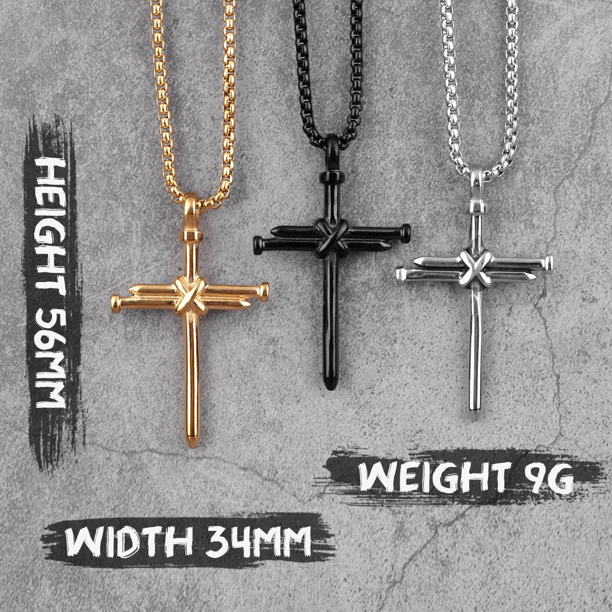 No Fade Stainless Steel 14k Gold Black Rugged Jesus Nail Cross Pendant
