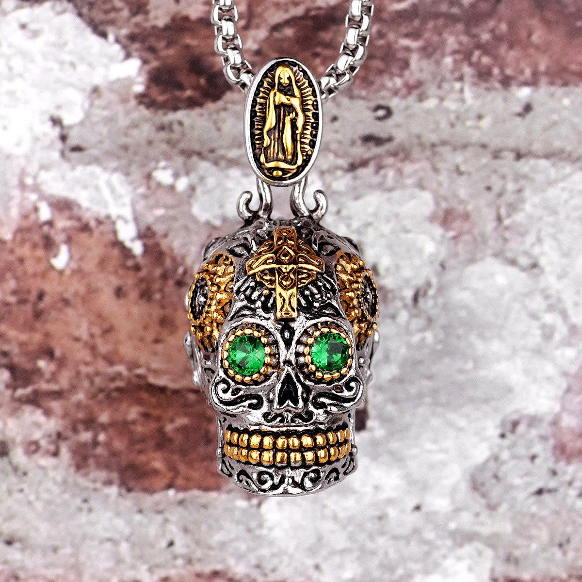 No Fade Silver Gold Accents Stainless Steel Aztec Skull Cross Pendant Chain Necklace