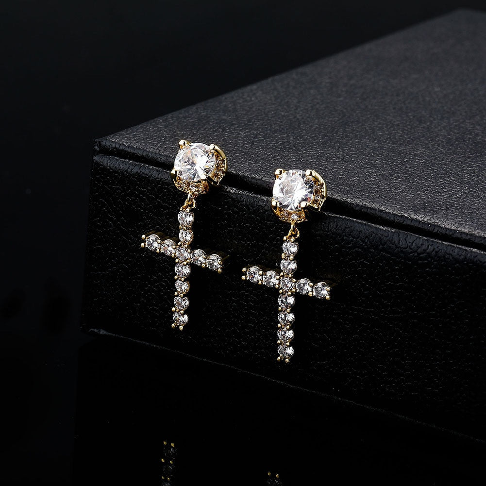 Ladies High Quality Ladies 14k White Yellow Gold Center Stone Bling Cross Drop Earrings