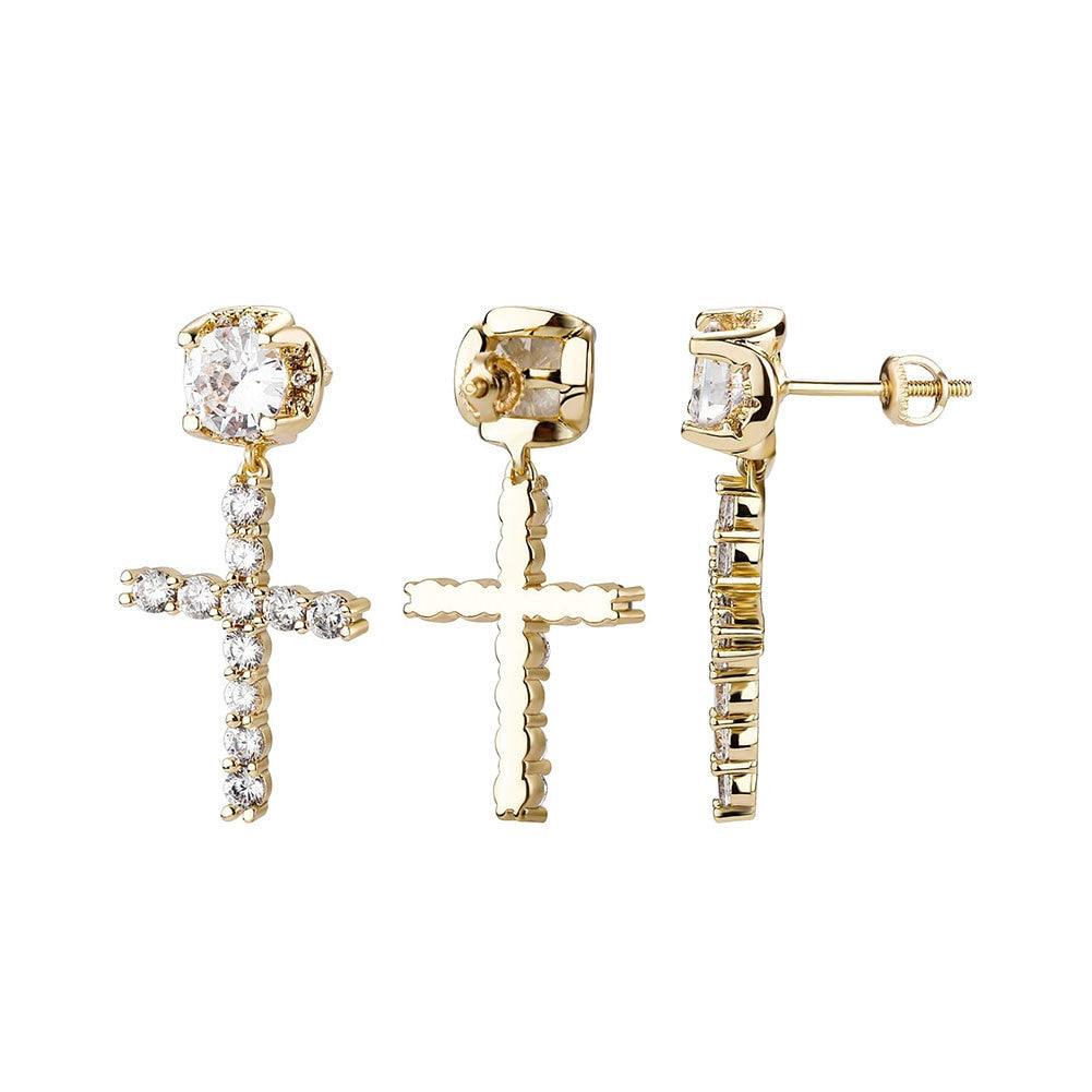 Ladies High Quality Ladies 14k White Yellow Gold Center Stone Bling Cross Drop Earrings