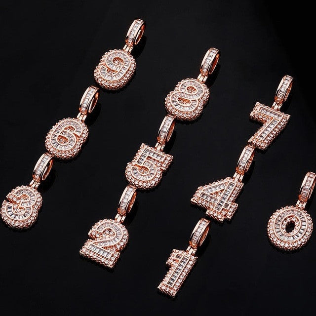 Iced Baguette AAA Prong Set Cluster Digital Numbers Hip Hop Pendants