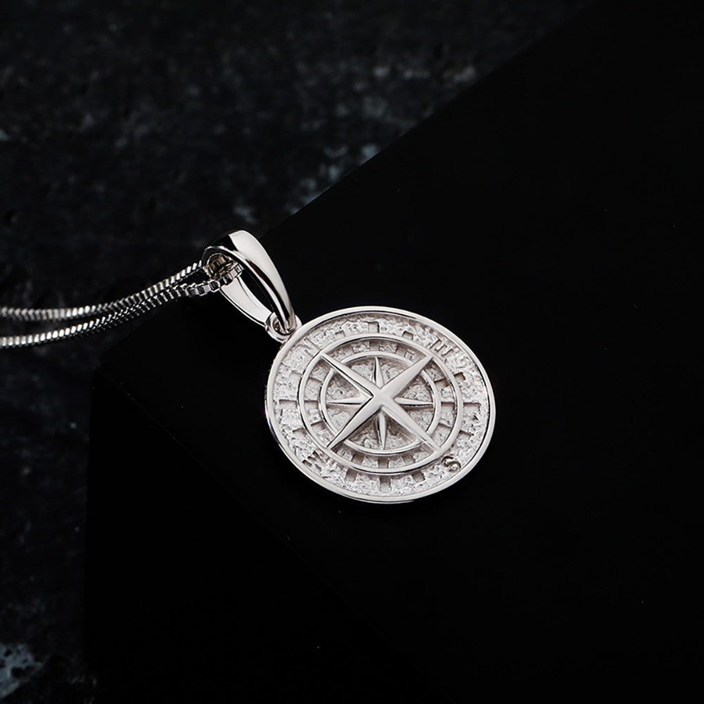 Solid 925 Sterling Silver Compass Hip Hop Pendant Chain Necklace