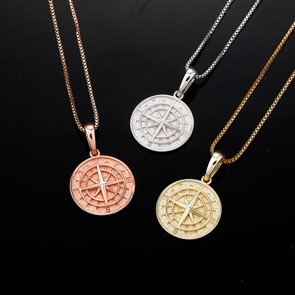Solid 925 Sterling Silver Compass Hip Hop Pendant Chain Necklace