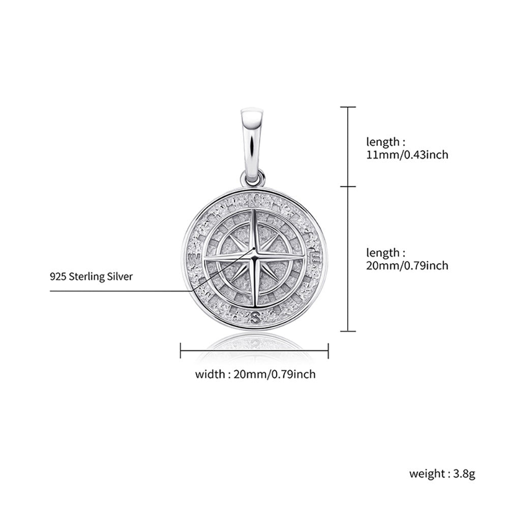 Solid 925 Sterling Silver Compass Hip Hop Pendant Chain Necklace