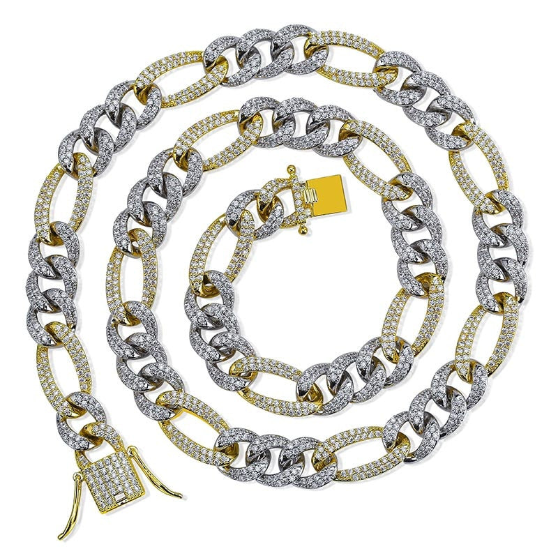 Mens 18k Hip Hop Classic 10mm Flooded Ice Luxury Figaro Link Bling Chain Necklace