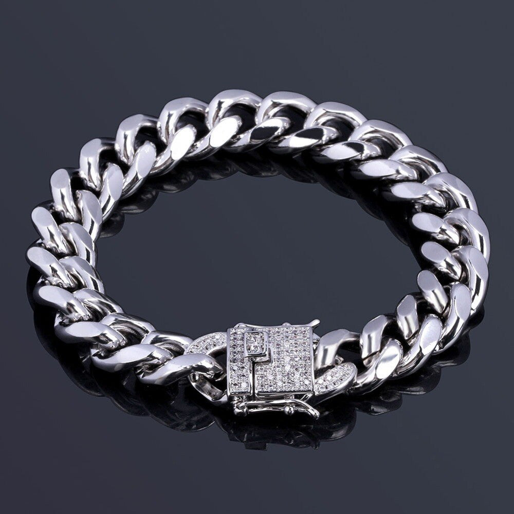 Hip Hop Casual 12mm 14k Gold over Stainless Steel Cuban Chain Bracelet With 1ct Simulate Diamond Clasp