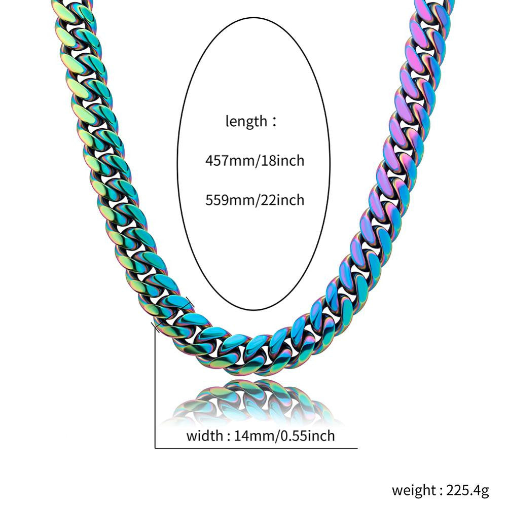 14mm Stainless Steel Fashion Rainbow Color Cuban Link Hip Hop Chain Necklace