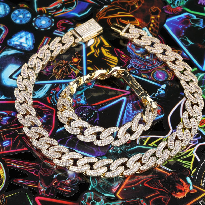 Mens 14mm Hip Hop Fashin Oval Baguette Prong Set Street Wear Bling Link Chain Necklace