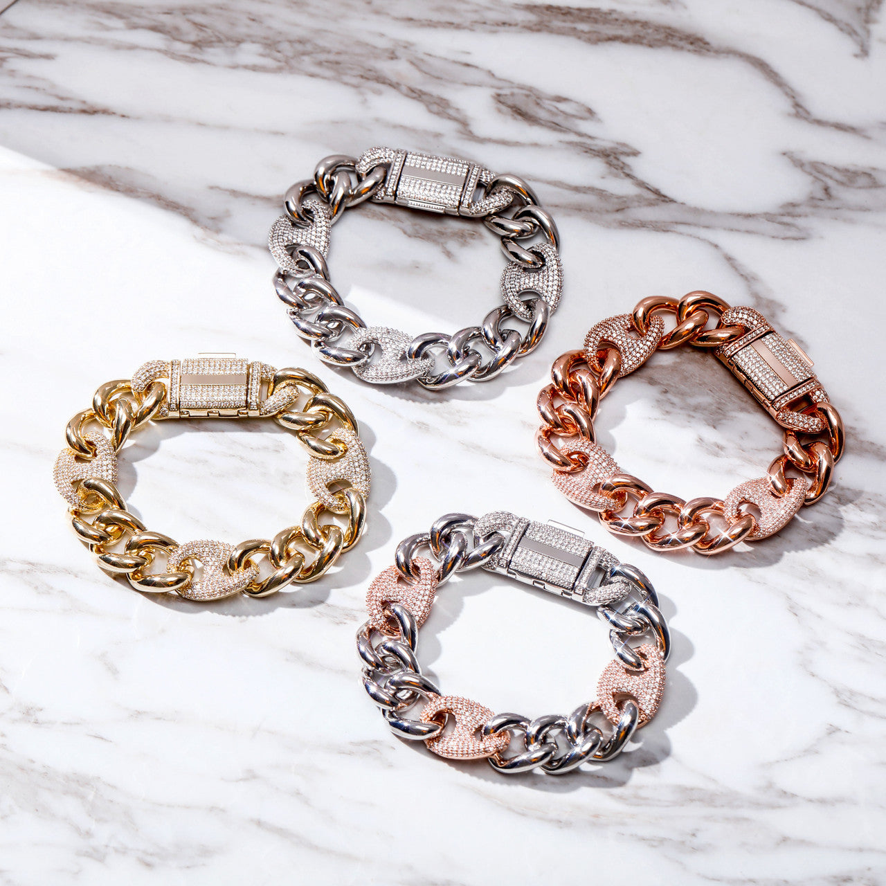 925 Silver Rose 14k Gold 16mm Box Clasp Miami Cuban Link Flooded Ice Hip hop Bracelet