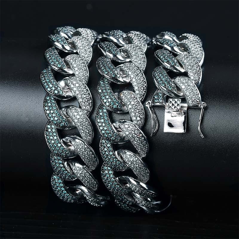 18MM Flooded Ice Mint Blue AAA Micro Pave Stone Miami Cuban Link Hip Hop Chain Bracelet Set