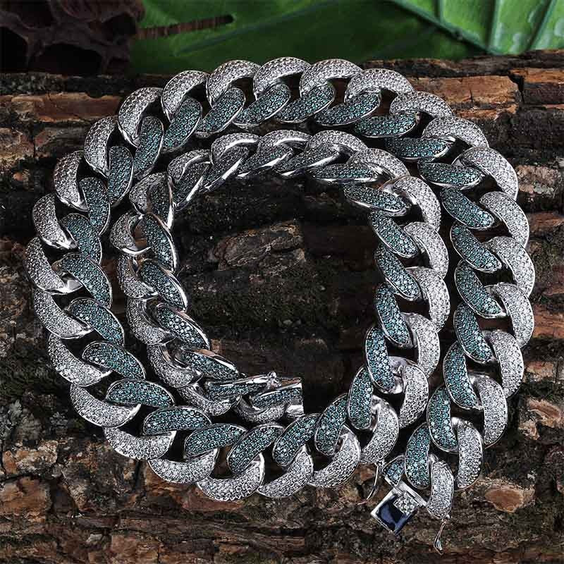 Custom 18MM Flooded Ice Mint Blue AAA Micro Pave Stone Miami Cuban Link Hip Hop Chain Bracelet Set