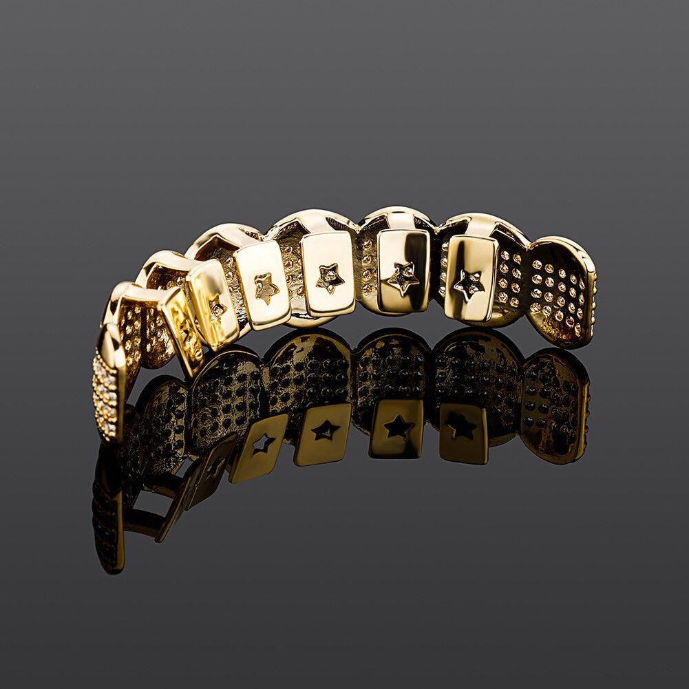 18k White Yellow Gold Crushed Ice Hip Hop Mouth Teeth Grillz