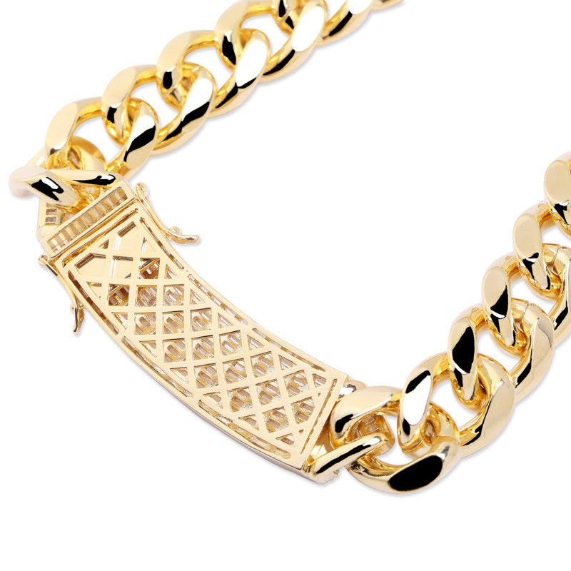 Iced 18mm Long Lock Clasp Blinged Out AAA Baguette Prong Pave Setting Cuban Link Chain Necklace