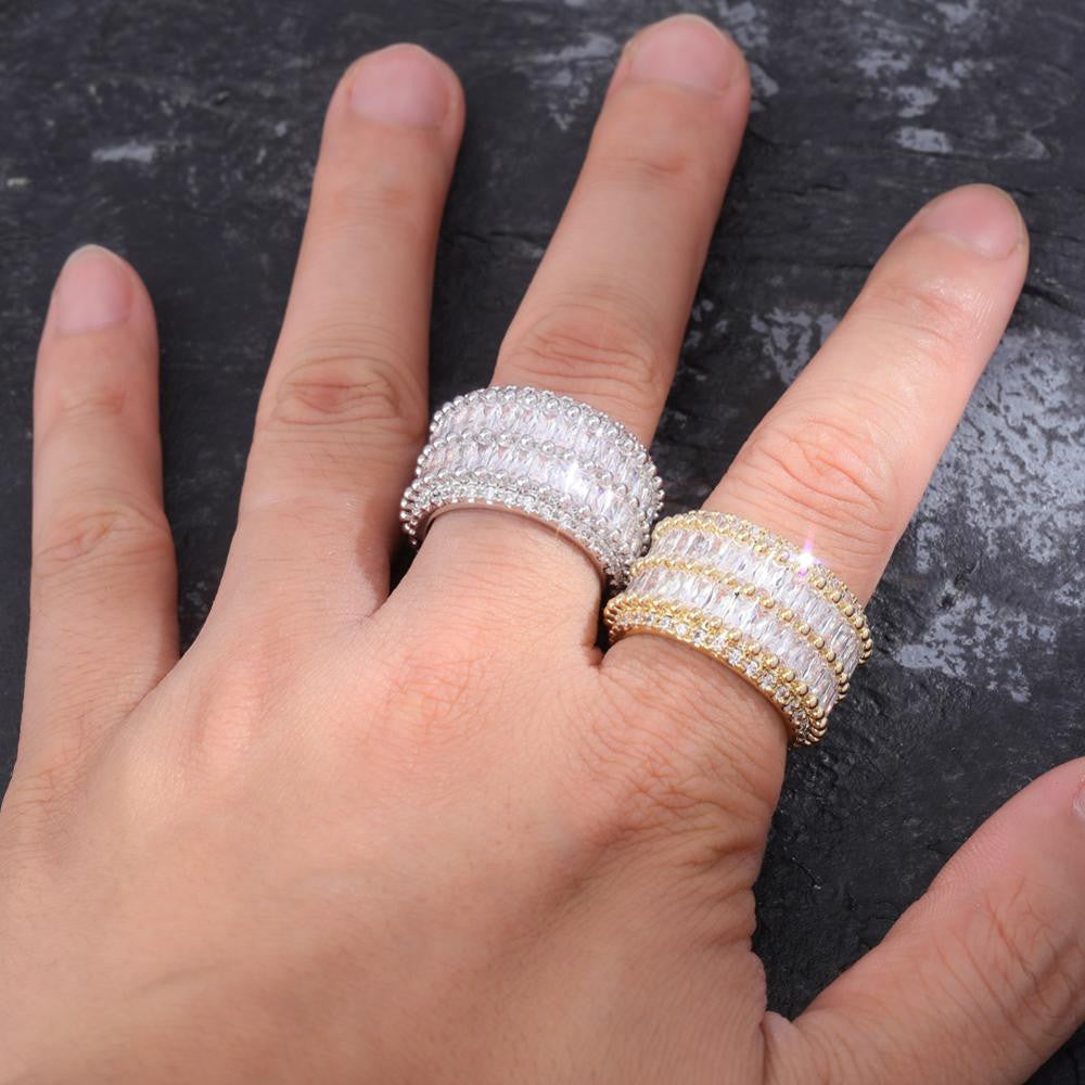 Flooded Ice 2 Row Solitaire Thick Baguette 14k Gold 925 Silver Bling Rings
