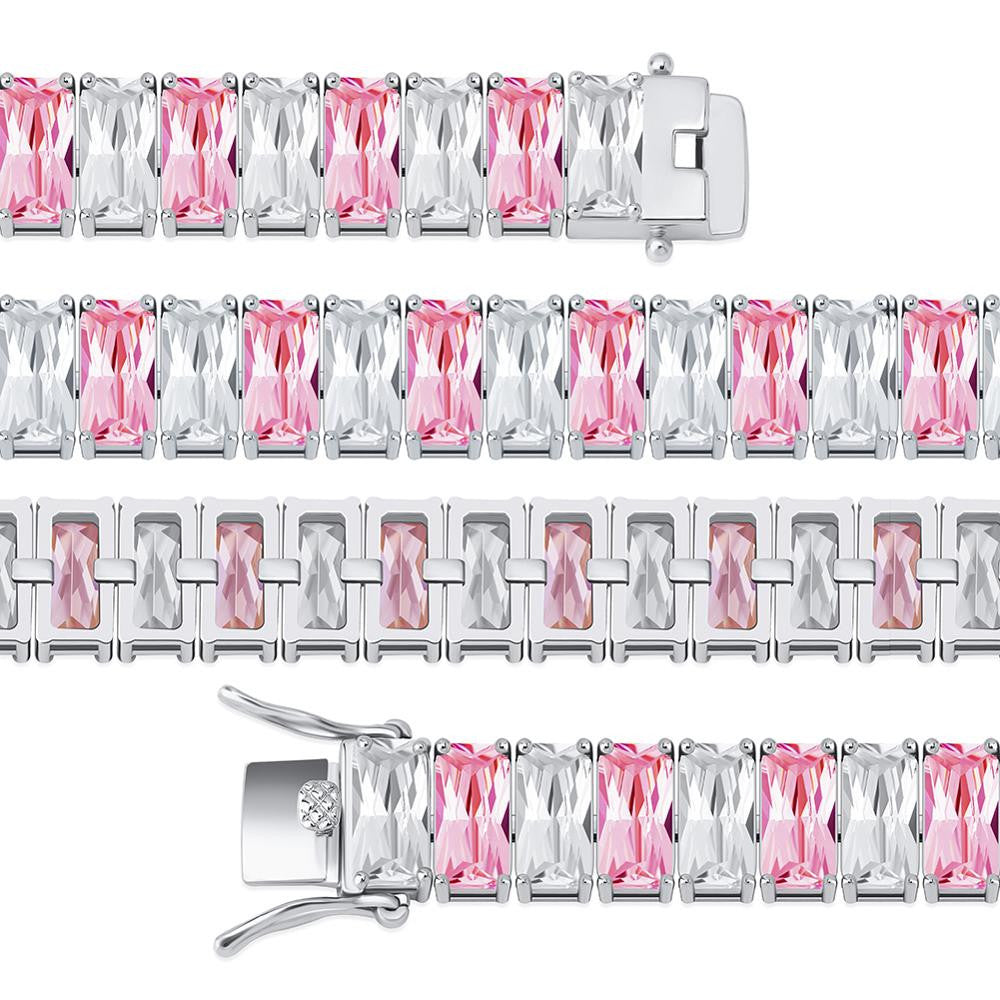 Pink Ice 10mm 14k Gold 925 Silver Baguette Chain Necklace