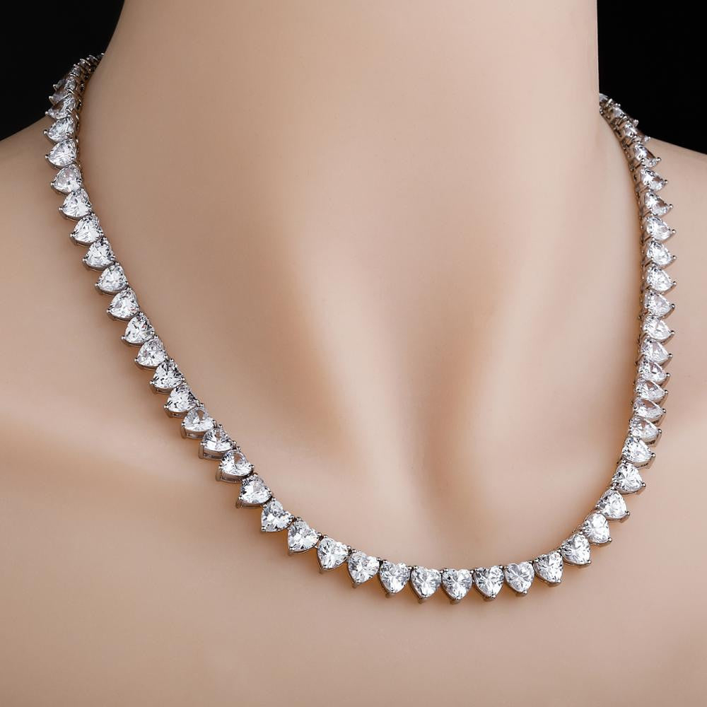 Rose Gold 14k 925 Silver Total Iced AAA Heart Shaped Prong Set Tennis Chain Necklace