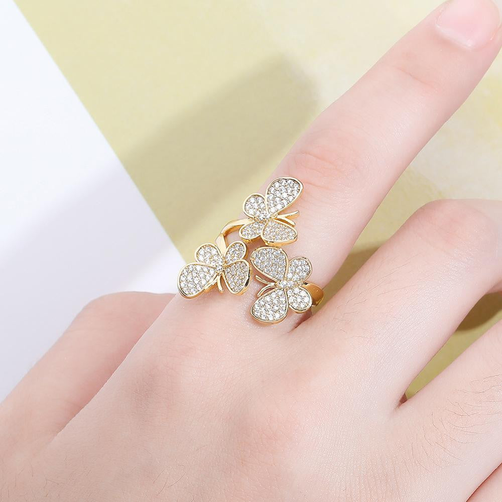 AAA Cluster Stone 14k Gold 925 Silver Rose Gold Adjustable Butterfly Rings