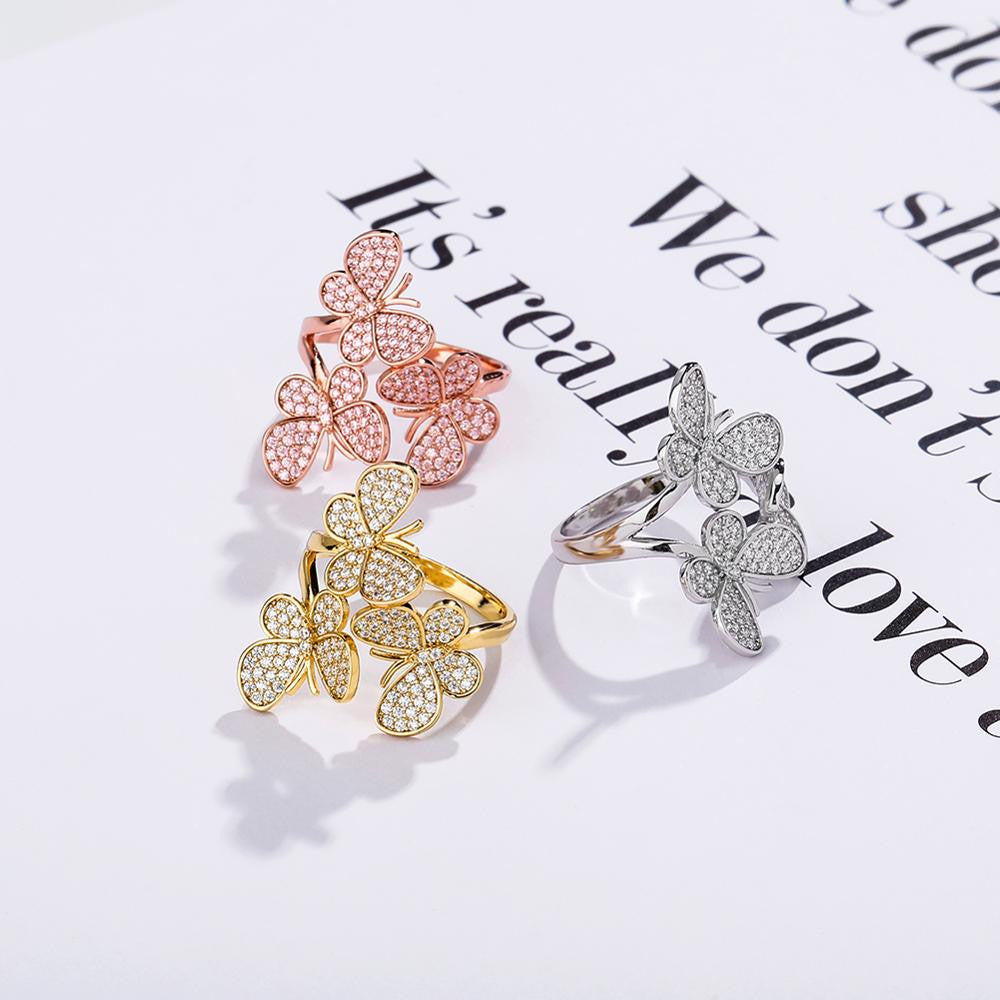 AAA Cluster Stone 14k Gold 925 Silver Rose Gold Adjustable Butterfly Rings