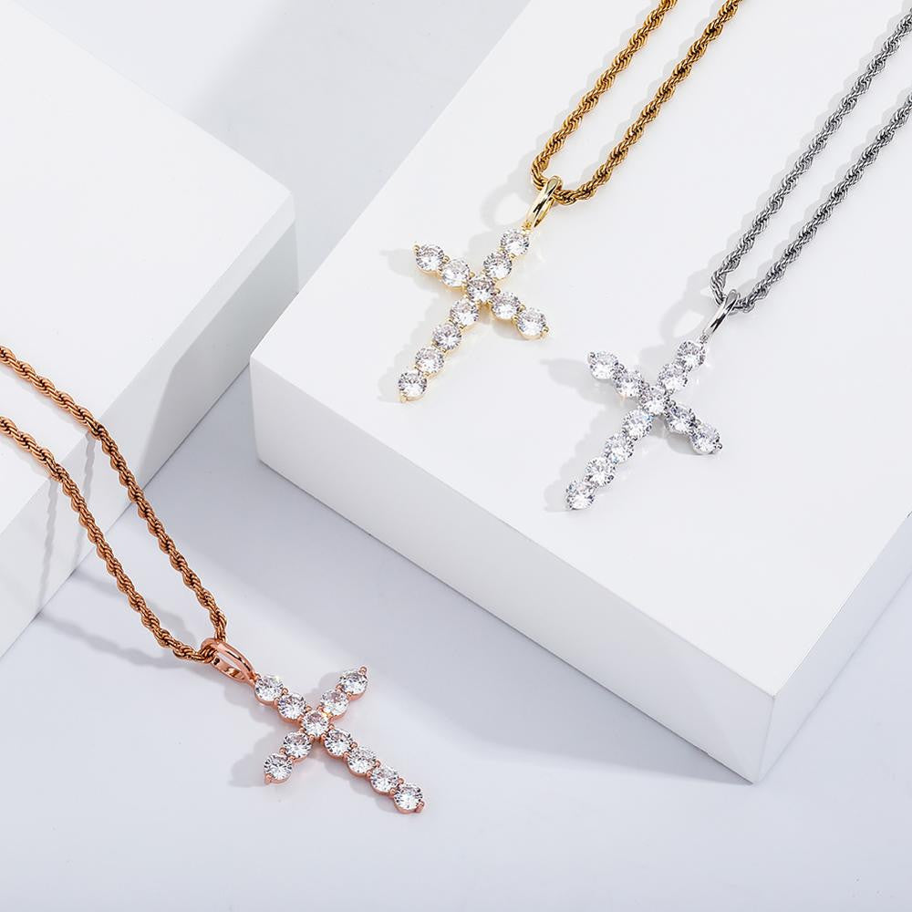 All Ice Top Fashion Hip Hop 14k Silver Rose Gold Cross Pendant Chain Necklace
