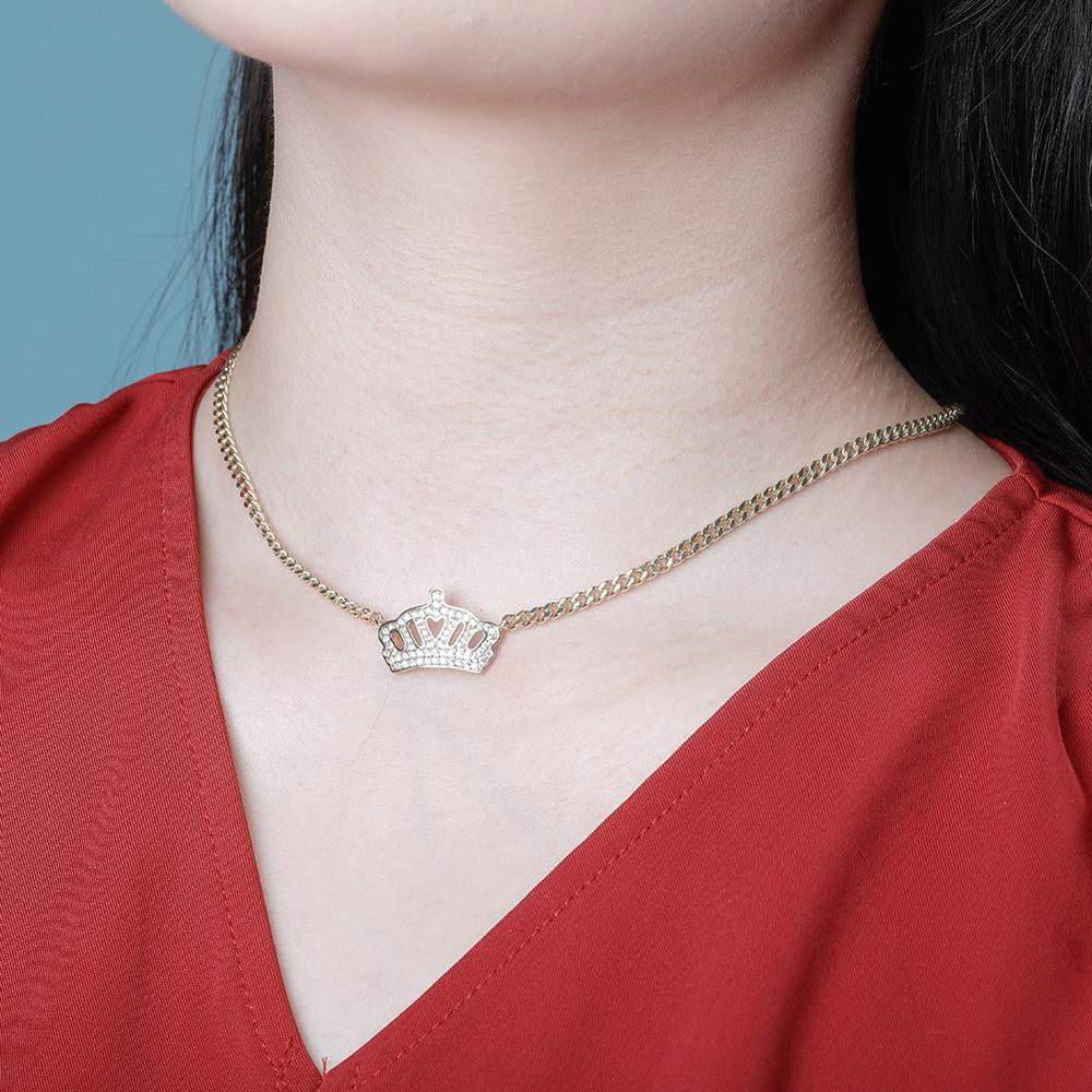 Ladies Flooded Ice Queens Crown Micro Pave Hip Hop Pendant Chain Necklace