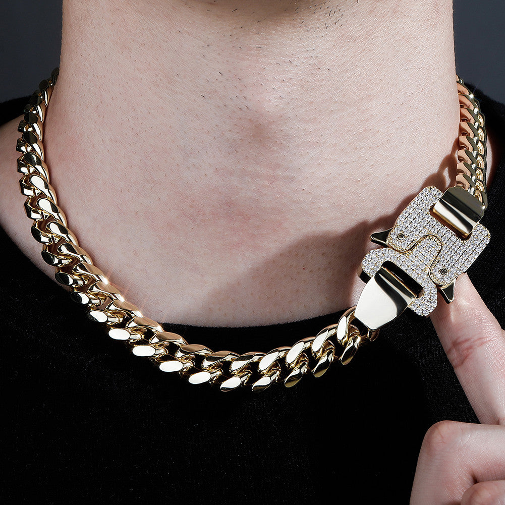 Mens 12mm Iced Spring Clasp 14k Gold Cuban Link Chains