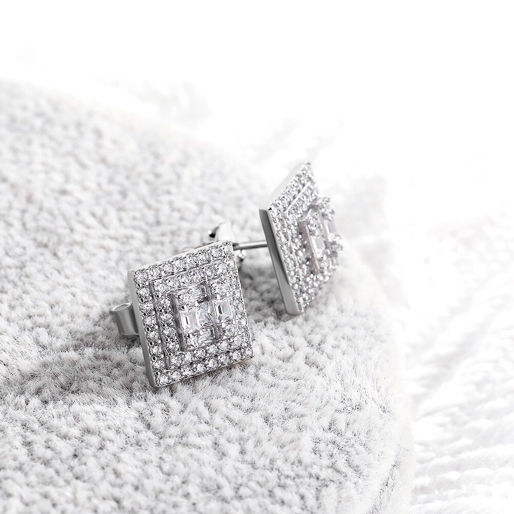 Iced Baguette .925 Solid Sterling Silver Hip Hop Square Cut Earrings