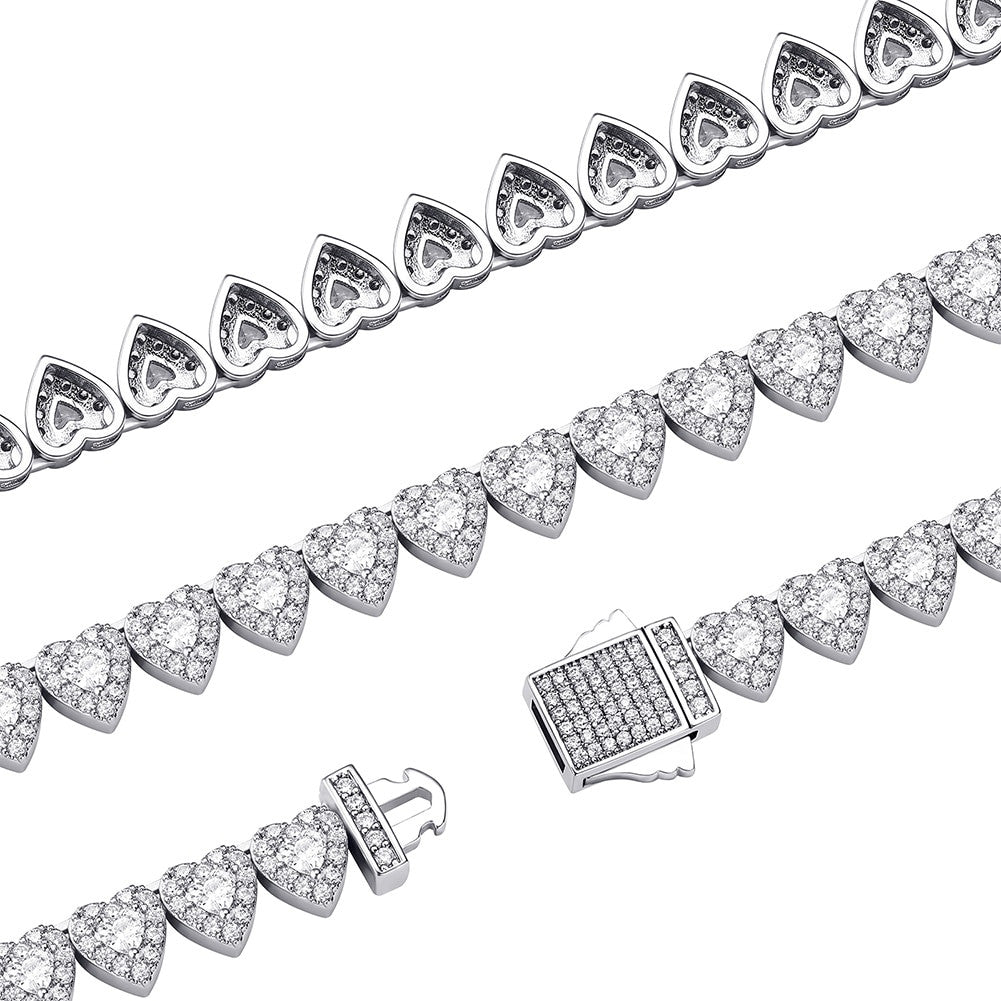 Ladies Bling Center Stone 14k Gold 925 Silver 7mm Heart Link Tennis Chain Necklace