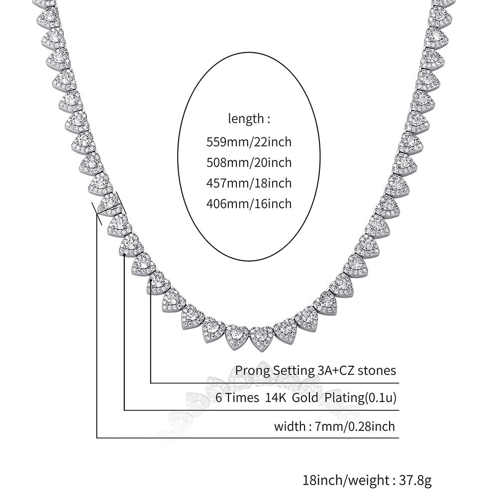 Ladies Bling Center Stone 14k Gold 925 Silver 7mm Heart Link Tennis Chain Necklace