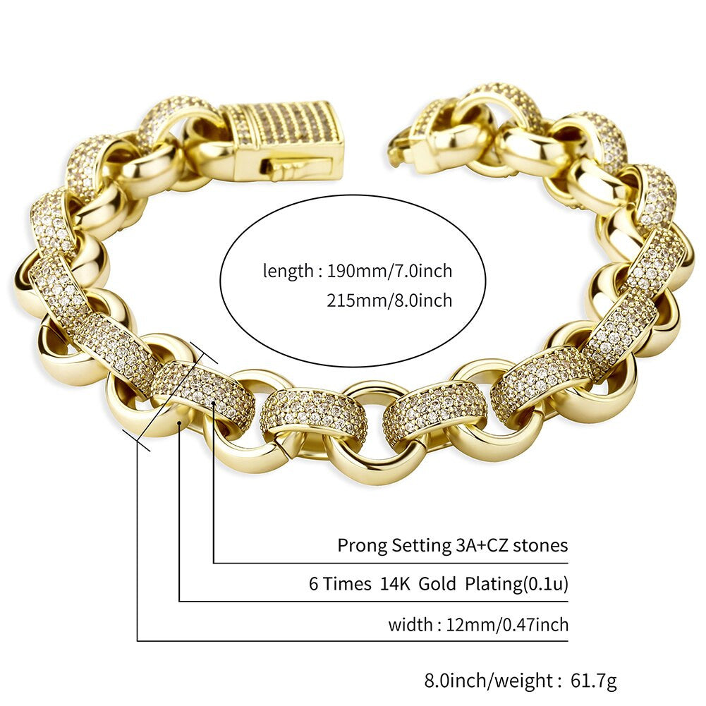 12mm 14k White Yellow Gold Spring Clasp Flooded Ice Hip Hop Rolo Chain Bracelet