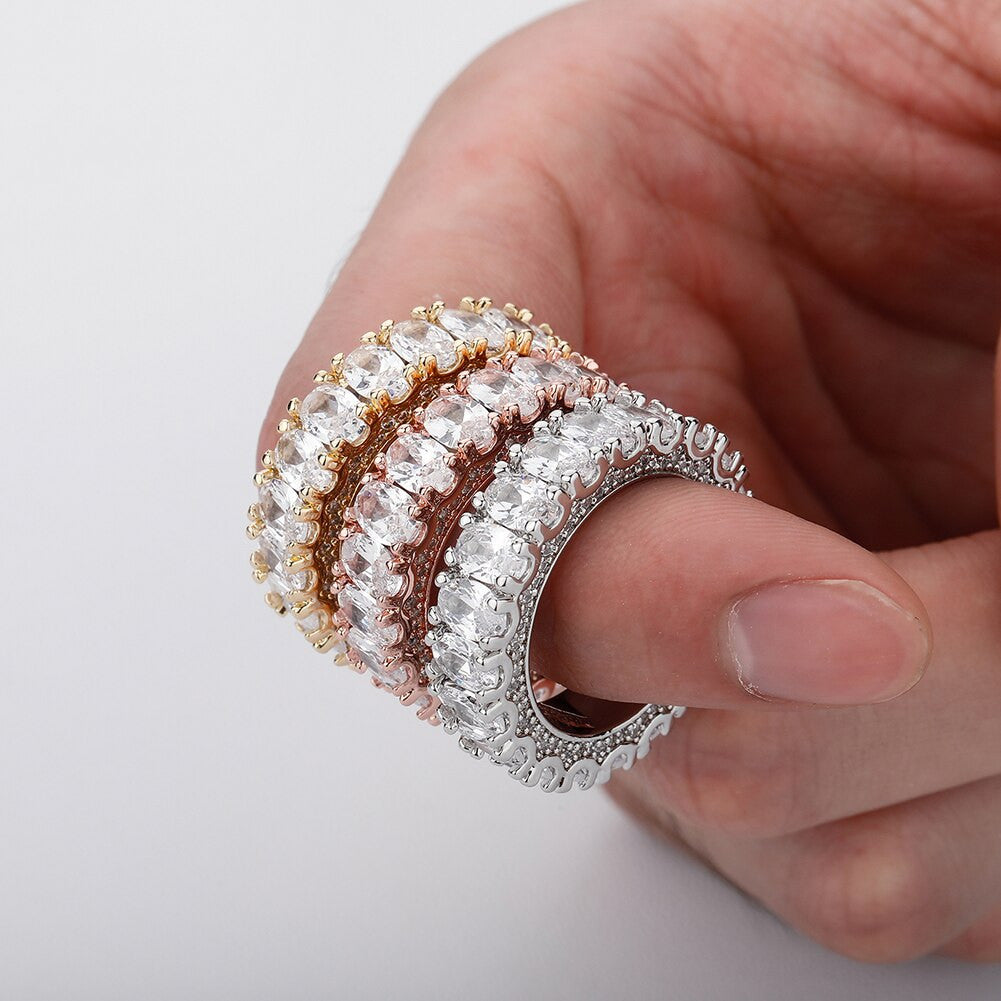 New 5A Simulate Diamond Flooded Ice Prong Set Oval Stone Bling Street Wear Rings