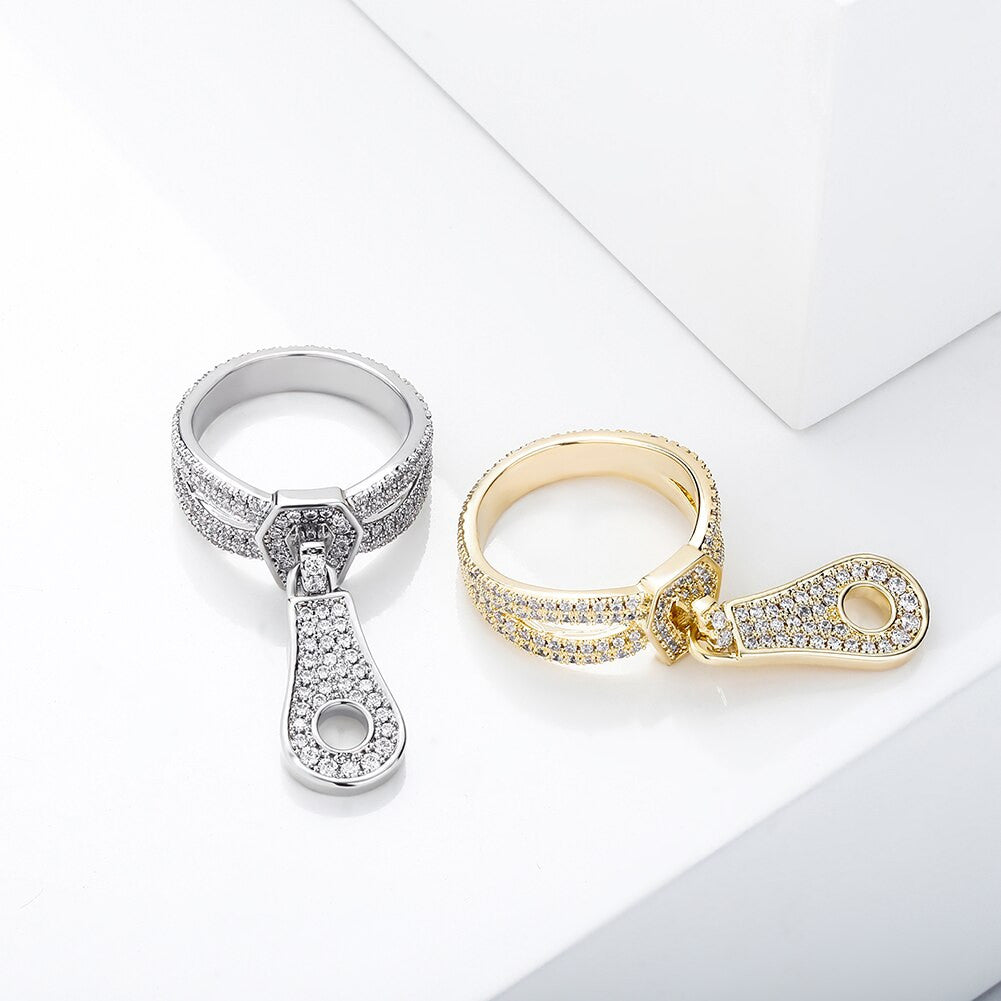 Flooded Ice 3A Simulate Diamond Street Wear Fashion Bling Zipper Rings