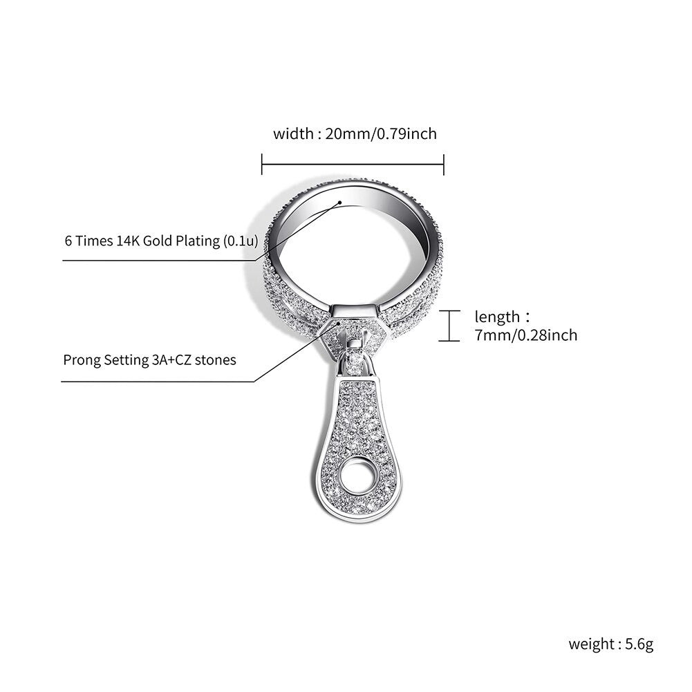 Flooded Ice 3A Simulate Diamond Street Wear Fashion Bling Zipper Rings