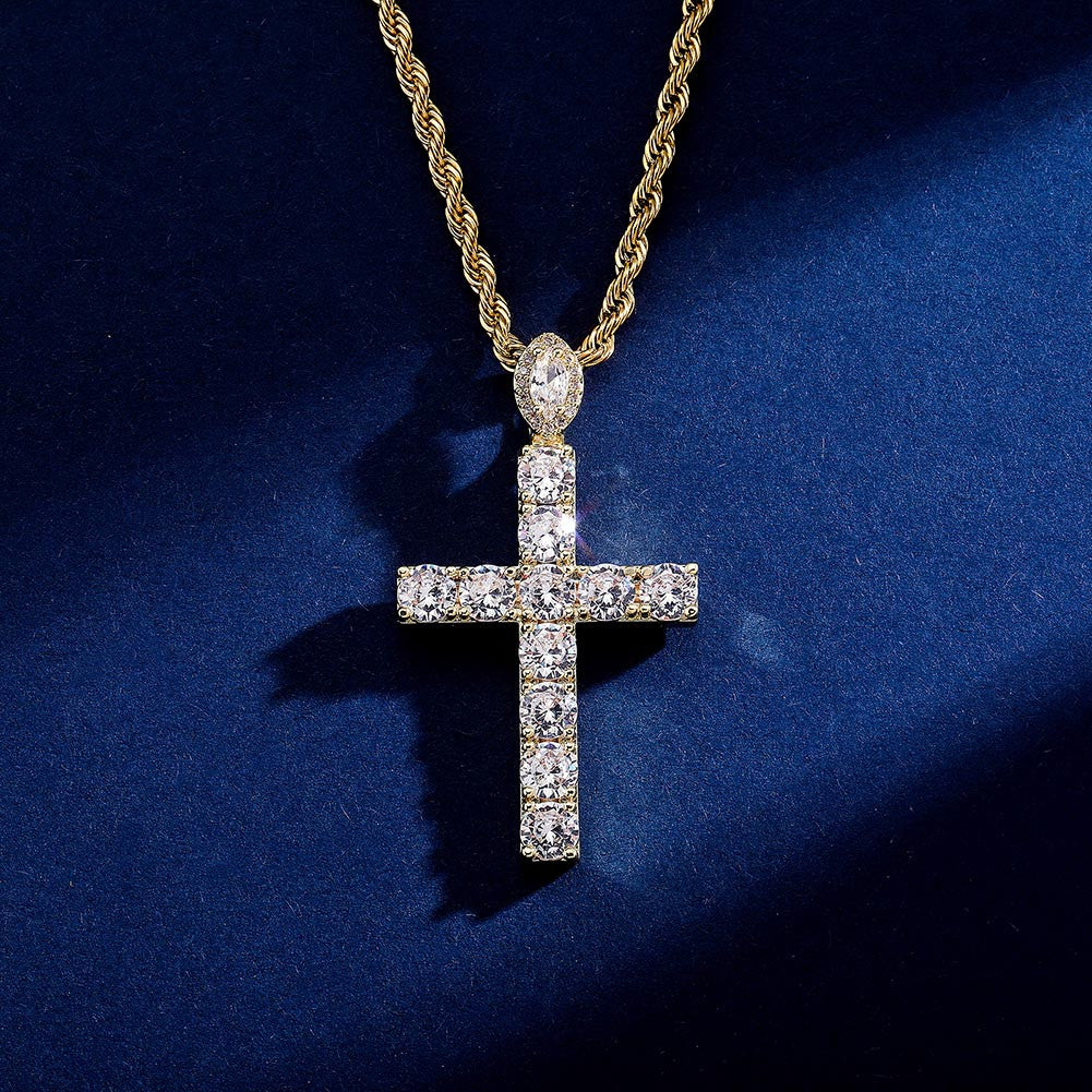 Mens Blue Iced Rose Gold Silver Studded Hip Hop Cross Pendant Chain Necklace