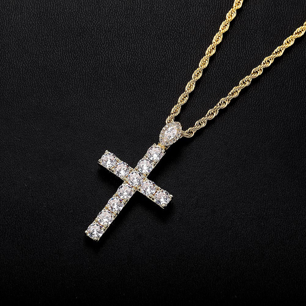 Mens Blue Iced Rose Gold Silver Studded Hip Hop Cross Pendant Chain Necklace
