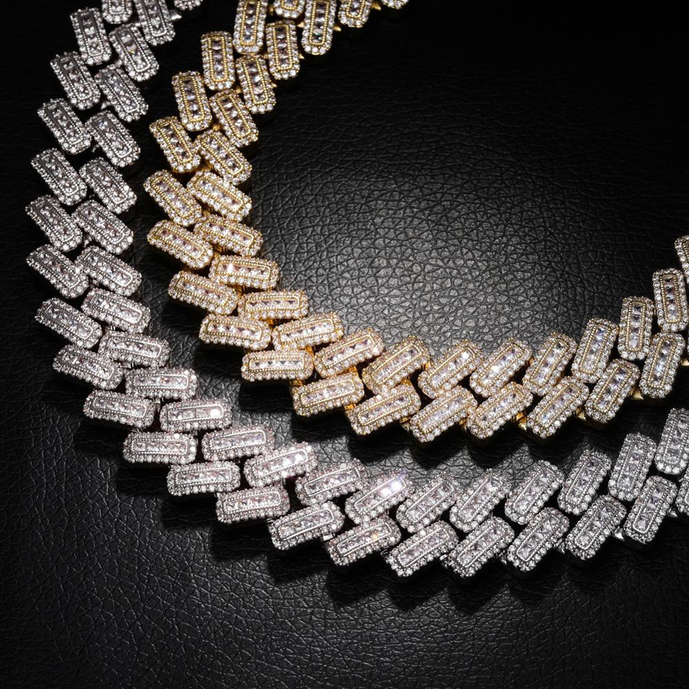 20mm Miami Cuban Link Baguette Pave Prong Set Box Clasp Hip Hop Chain Necklace