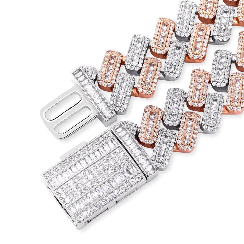 20mm Miami Cuban Link Baguette Pave Prong Set Box Clasp Hip Hop Chain Necklace