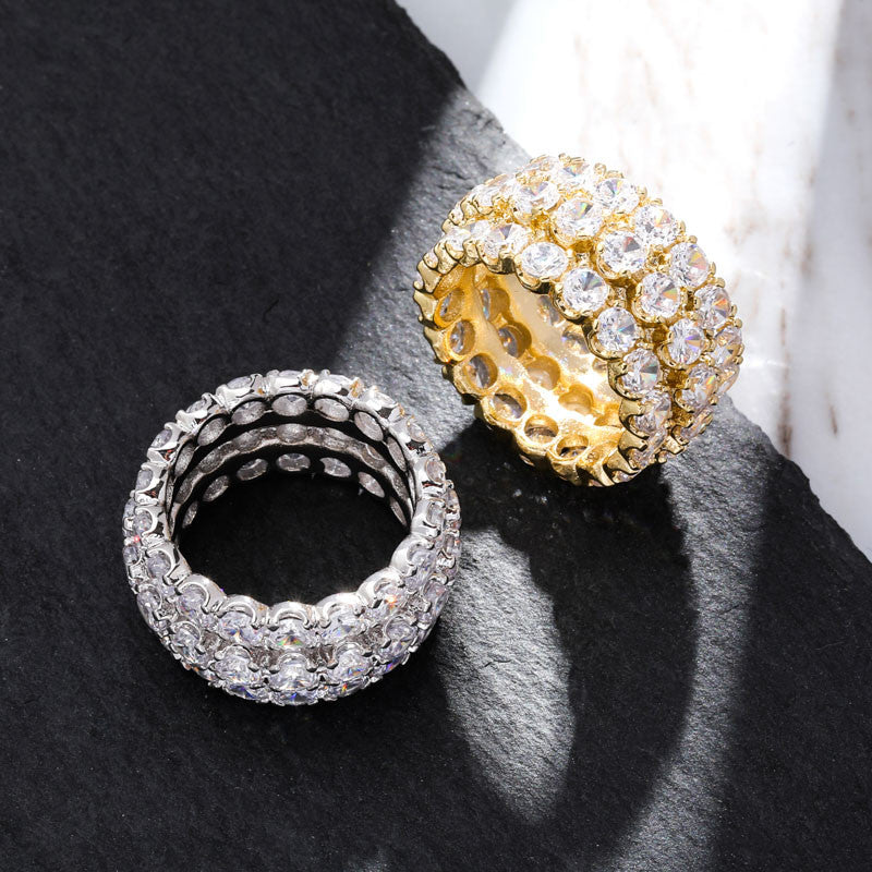 Mens Street Wear Fashion Big Boy Bling 3 Row Solitaire 18k 925 Flooded Ice Rings