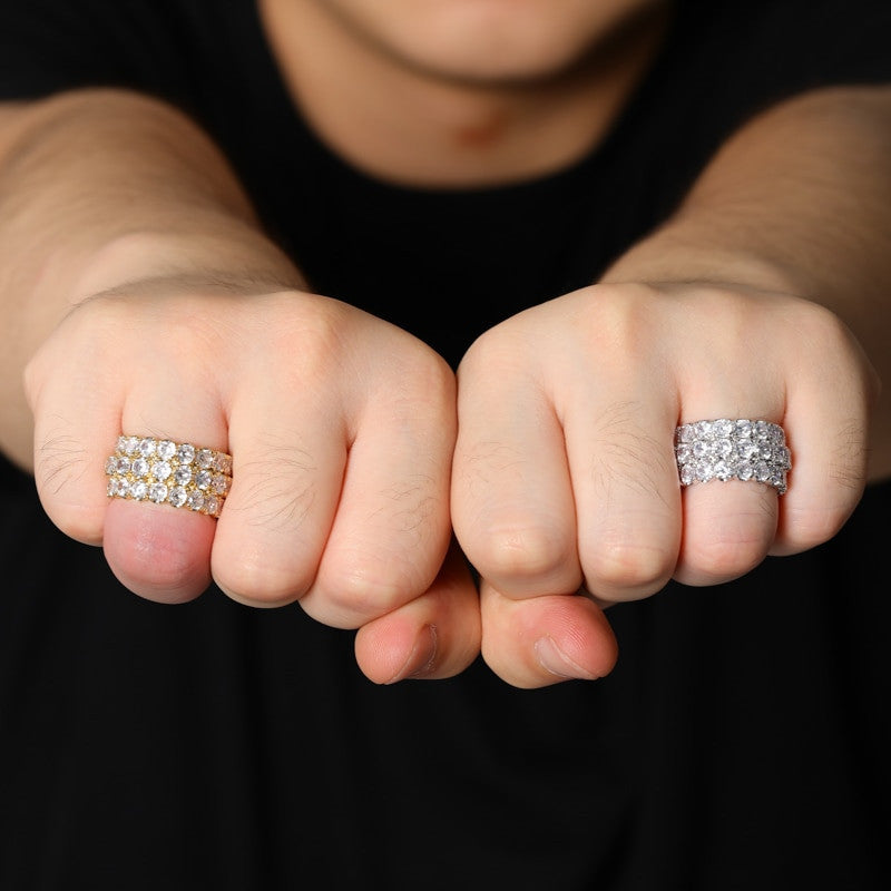Mens Street Wear Fashion Big Boy Bling 3 Row Solitaire 18k 925 Flooded Ice Rings